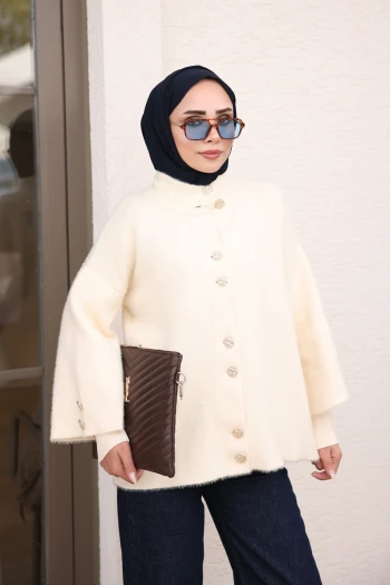 Krem Düğmeli Angora Hırka