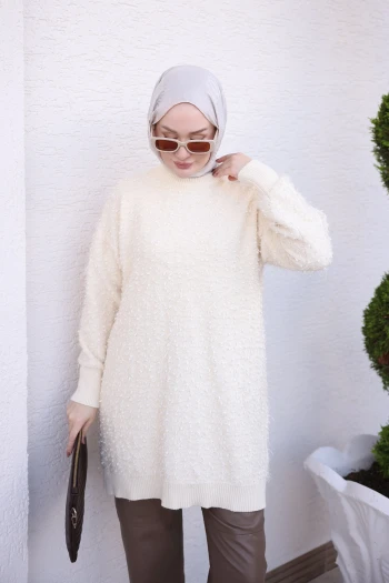 Krem Simli Angora Yumoş Triko Tunik