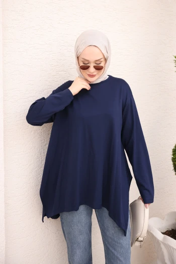 Lacivert Asimetrik Kesim Oys Tunik