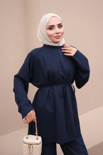 Lacivert Bel Bağlamalı Taşlı Modal Tunik