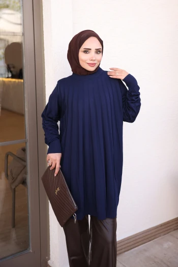 Lacivert Bisiklet Yaka Merserize Triko Tunik