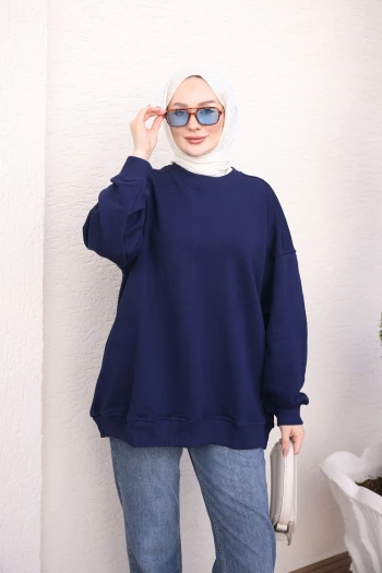 Lacivert Bisiklet Yaka Oversize Basic Sweatshirt