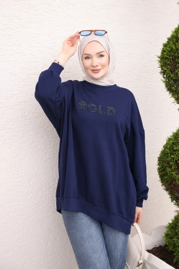 Lacivert Boncuk İşlemeli İki İplik Sweatshirt