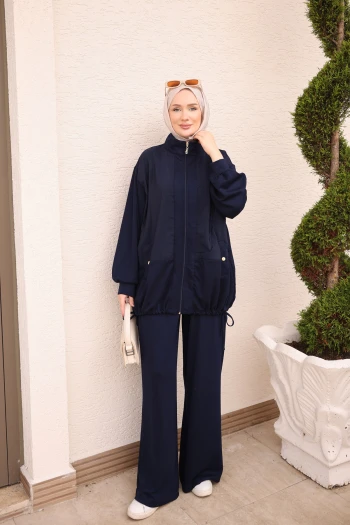 Lacivert Dik Yaka Garnili Tunik Pantolonlu Takım