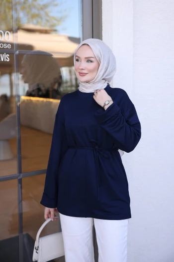 Lacivert Duble Kol Ön Çımalı Tunik