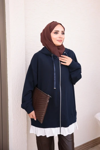 Lacivert Etek Ucu Fırfırlı Sweat Hırka