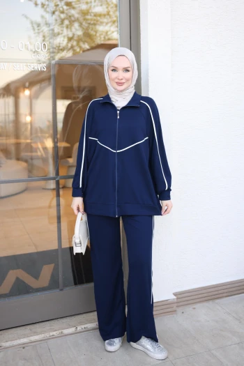 Lacivert Fermuarlı Tunik Pantolonlu Modal Takım