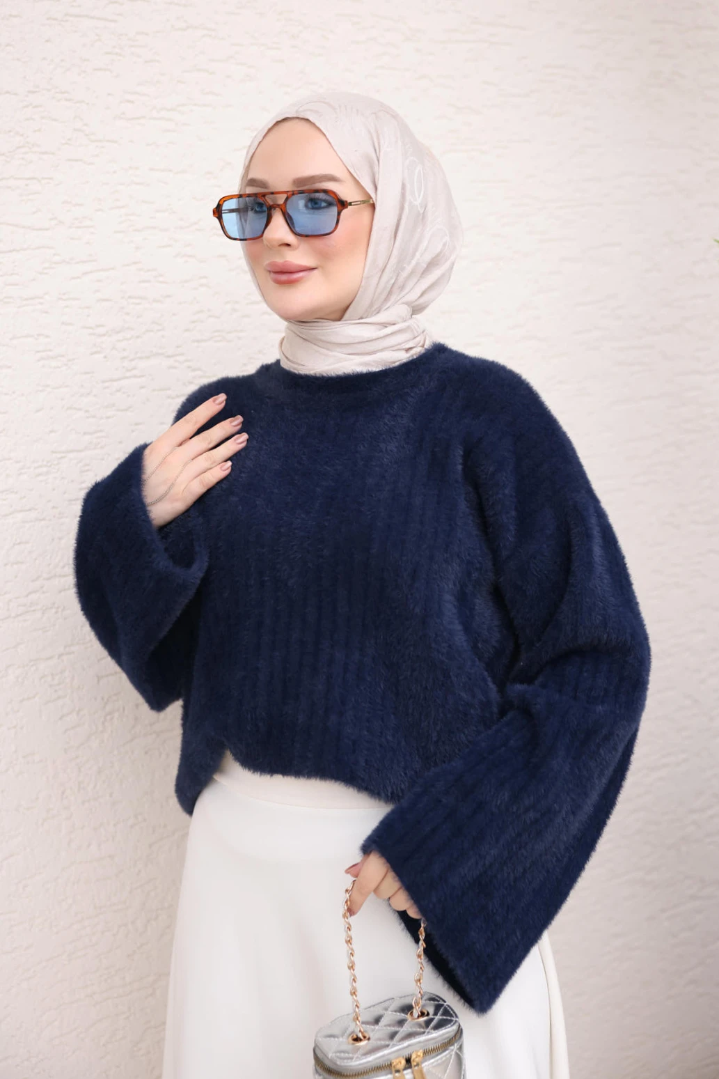 Lacivert Geniş Kol Angora Yumoş Triko Kazak