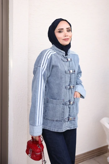Mavi Biye Düğmeli Çizgili Kot Ceket