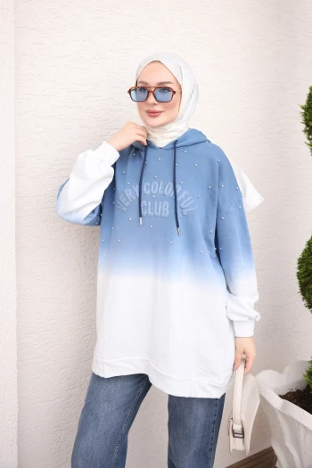 Mavi Kapüşonlu Oversize Çift Renk Sweatshirt