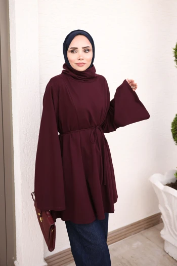 Mürdüm Bel Bağlamalı Dik Yaka Tunik
