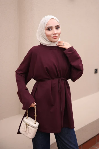 Mürdüm Bel Bağlamalı Taşlı Modal Tunik