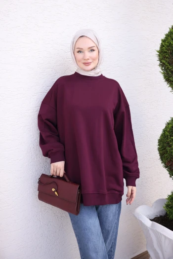 Mürdüm Bisiklet Yaka Oversize Basic Sweatshirt