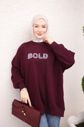 Mürdüm Boncuk İşlemeli İki İplik Sweatshirt