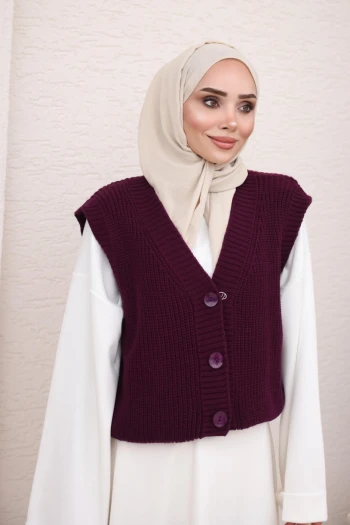 Mürdüm Düğmeli Triko Yelek