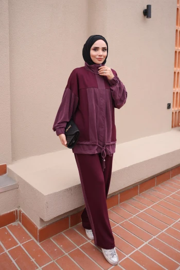 Mürdüm Fermuarlı Renk Bloklu Modal Tunik Pantolonlu Takım