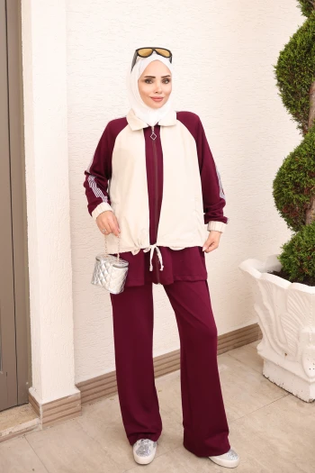 Mürdüm Fermuarlı Şeritli Tunik Pantolonlu Takım