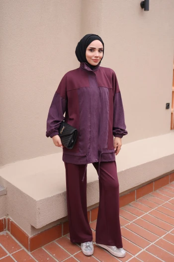 Mürdüm Oxford Garnili Tunik Pantolonlu Takım
