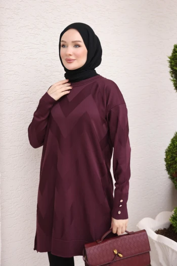 Mürdüm Soğuk İplik Bisiklet Yaka Triko Tunik