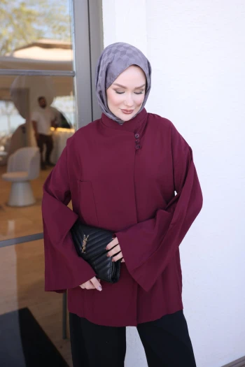 Mürdüm Tek Cepli Yaka Düğmeli Tunik