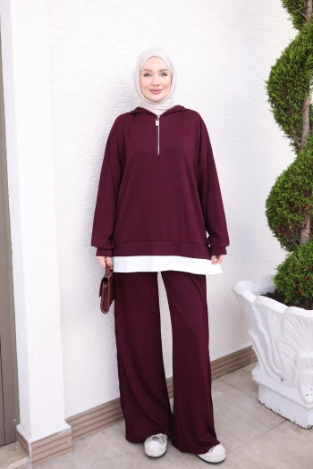 Mürdüm Yaka Fermuarlı Kapüşonlu Tunik Pantolonlu Takım