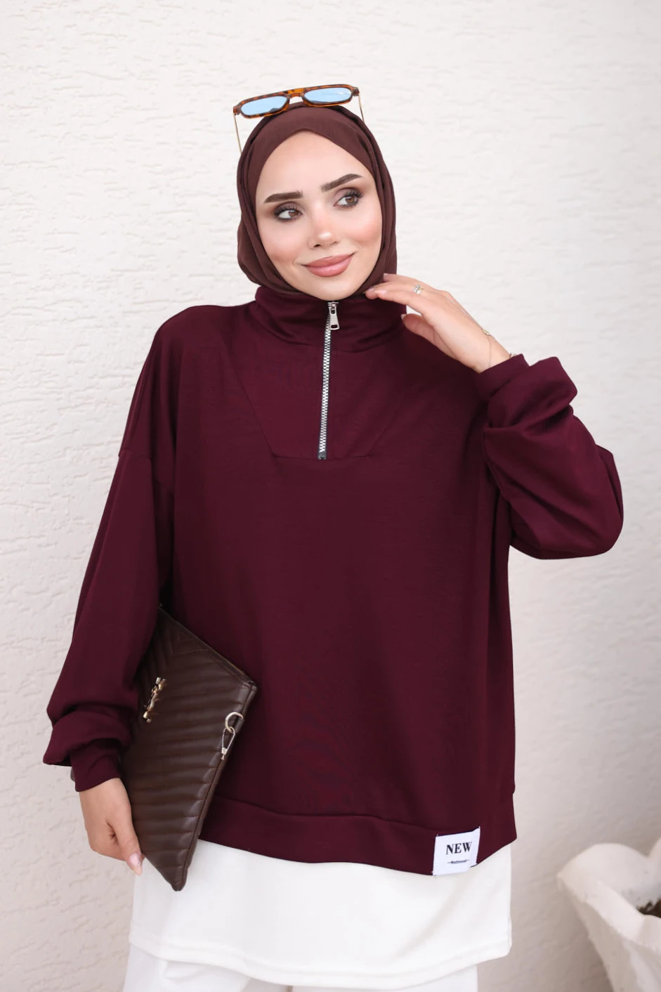 Mürdüm Yaka Fermuarlı Modal Sweat Tunik