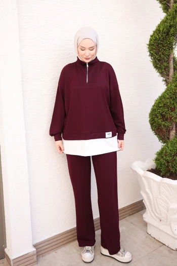 Mürdüm Yaka Fermuarlı Tunik Pantolonlu Takım
