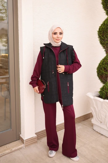 Mürdüm Yelek Tunik Pantolonlu Üçlü Kombin Takım