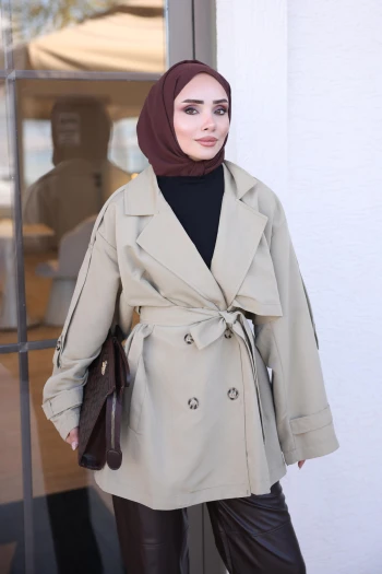 Olive Kruvaze Yaka Kuşaklı Kısa Trençkot
