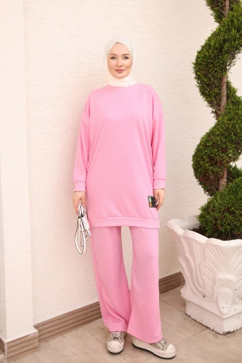 Pembe Bisiklet Yaka Armalı Tunik Pantolonlu Takım