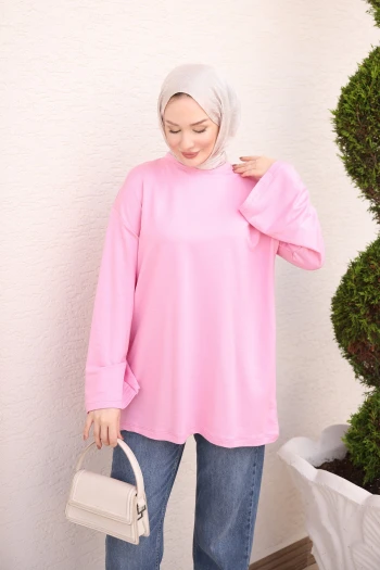 Pembe Bisiklet Yaka Geniş Kol Tunik