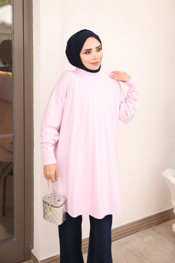 Pembe Bisiklet Yaka Merserize Triko Tunik