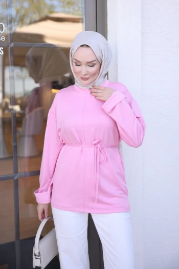 Pembe Duble Kol Ön Çımalı Tunik