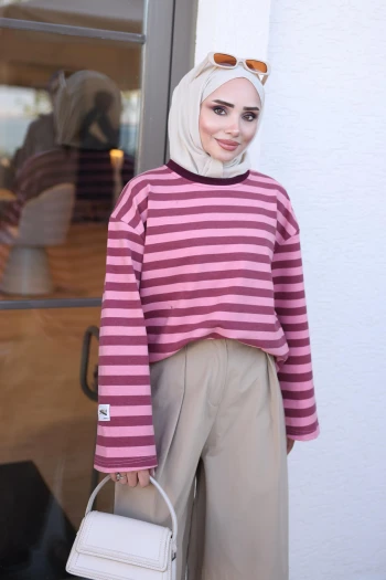 Pembe Geniş Kol Çizgili İki İplik Sweatshirt