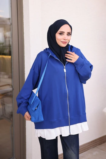 Saks Mavi Etek Ucu Fırfırlı Sweat Hırka