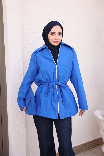 Saks Mavi Fermuarlı Astarlı Trençkot