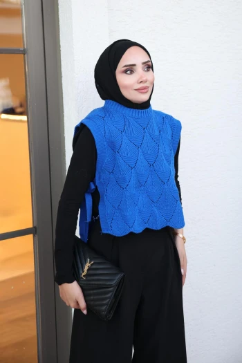 Saks Mavi Yanları Bağlamalı Ajurlu Triko Süveter