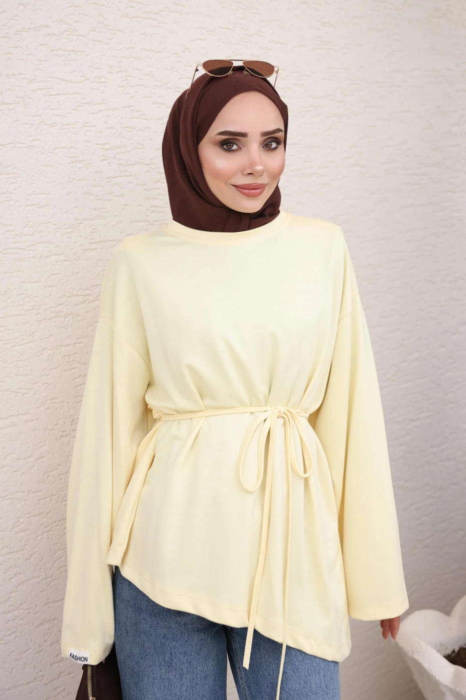 Sarı Bel Bağlamalı Asimetrik Kesim Tunik
