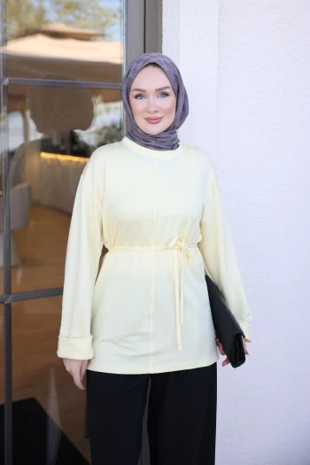 Sarı Duble Kol Ön Çımalı Tunik