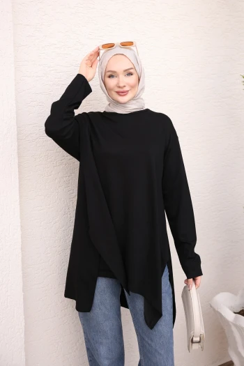 Siyah Asimetrik Kesim Oys Tunik
