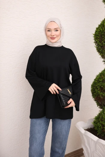 Siyah Bisiklet Yaka Geniş Kol Tunik