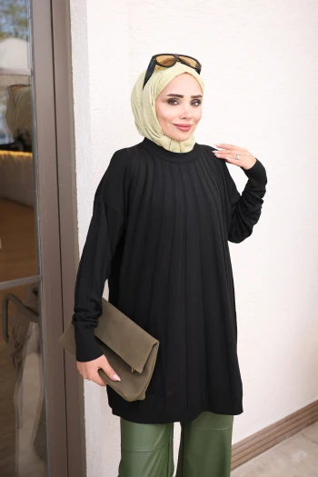 Siyah Bisiklet Yaka Merserize Triko Tunik