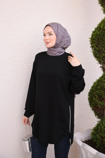 Siyah Bisiklet Yaka Yan Fermuarlı Oys Tunik