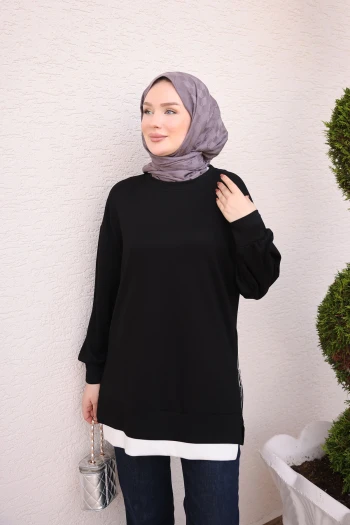 Siyah Bisiklet Yaka Yan Fermuarlı Oys Tunik