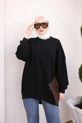Siyah Boncuk İşlemeli İki İplik Sweatshirt