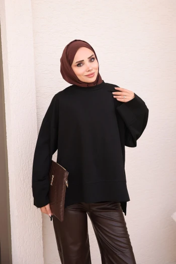 Siyah Geniş Kol Yırtmaçlı Modal Sweatshirt
