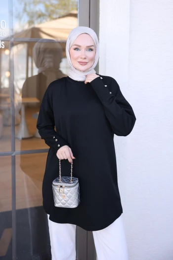 Siyah Kol Düğmeli Soğuk İplik Triko Tunik
