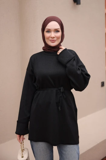Siyah Kol Katlamalı Simli Merserize Triko Tunik