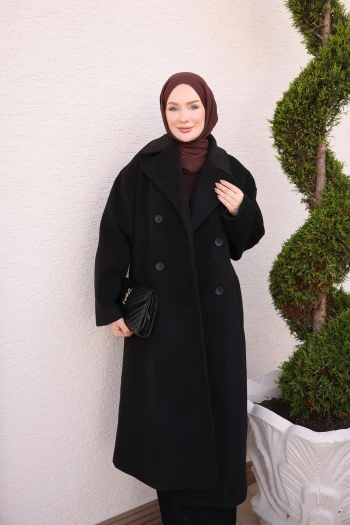 Siyah Kruvaze Yaka Astarlı Bel Bağlamalı Kaşe Kaban