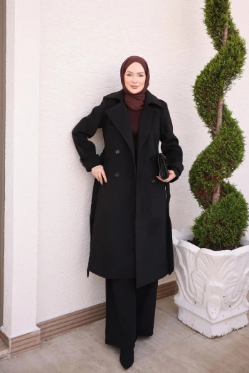 Siyah Kruvaze Yaka Astarlı Bel Bağlamalı Kaşe Kaban